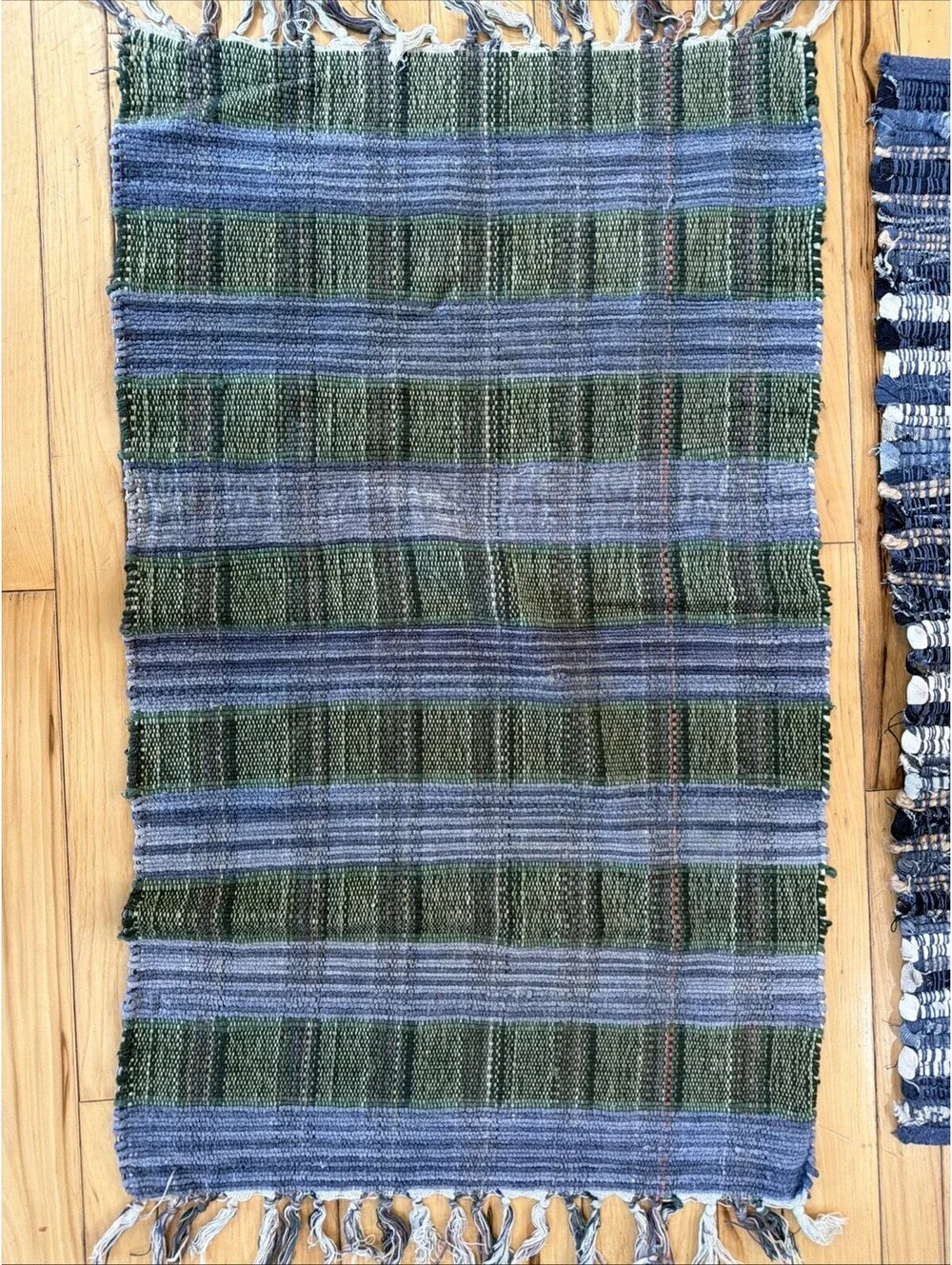 Lot Of 3 VTG Rag Rugs Blue Plaid Area Throw Rustic Farm Country Washable Cabin